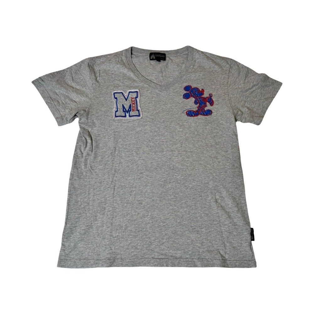 Hong Kong Disneyland Mickey Mouse Gray V-Neck Varsity Graphic T-Shirt Medium